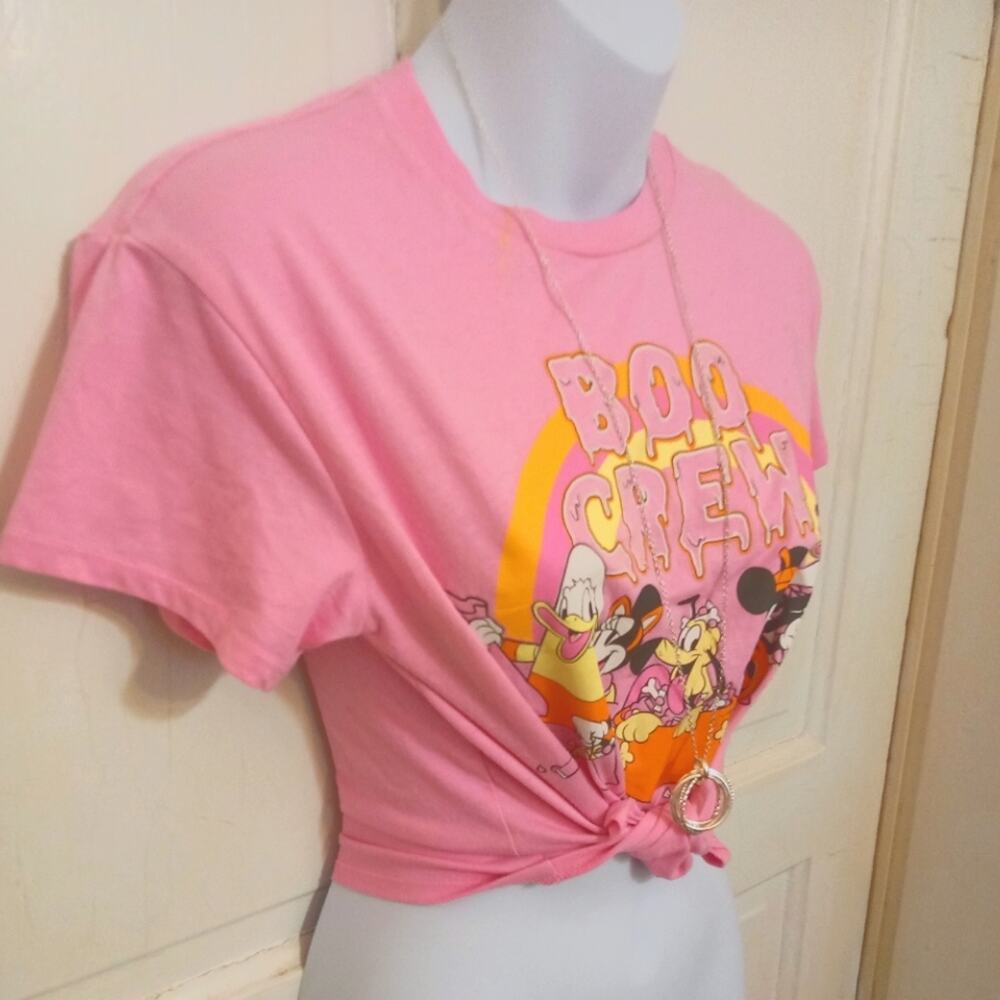 Disney Ladies Pink Mickey Crop T-Shirt Sz Lg - Picture 2 of 5